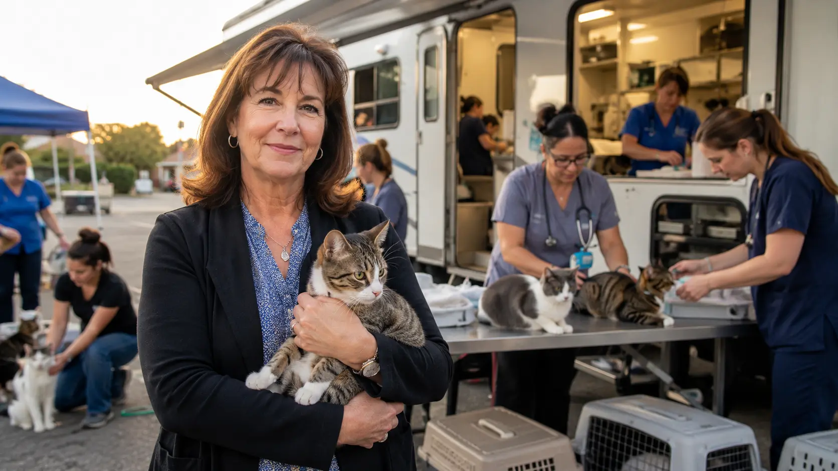 Donna Sicuranza standing beside a mobile feline veterinary clinic during her animal welfare work in the United States.