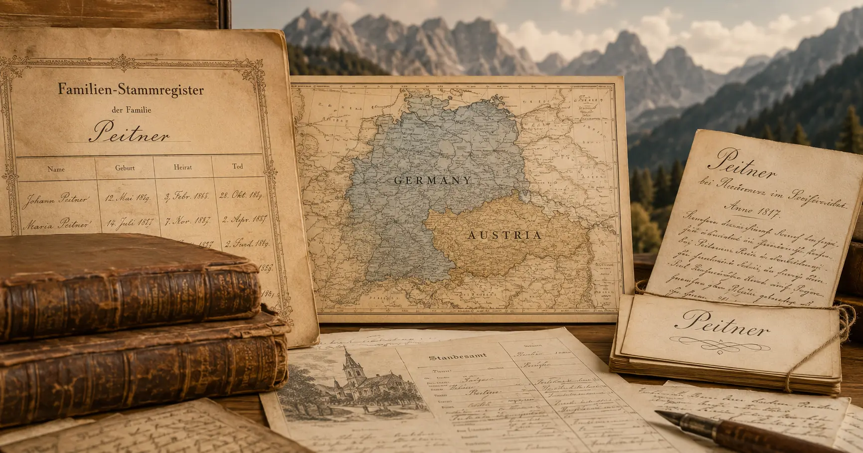 Historical genealogy documents and a Central European map representing the Peitner surname origin, meaning, and family history.