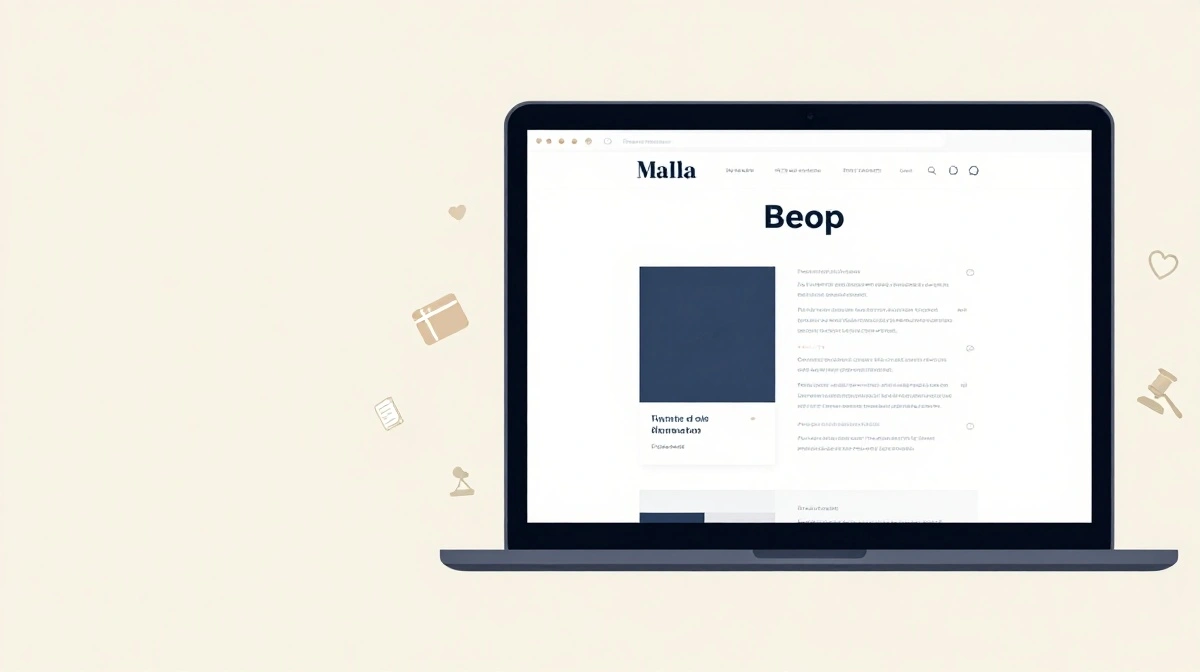 Illustration of a laptop showing a general-interest online magazine homepage with icons for messages, health, law, and business content