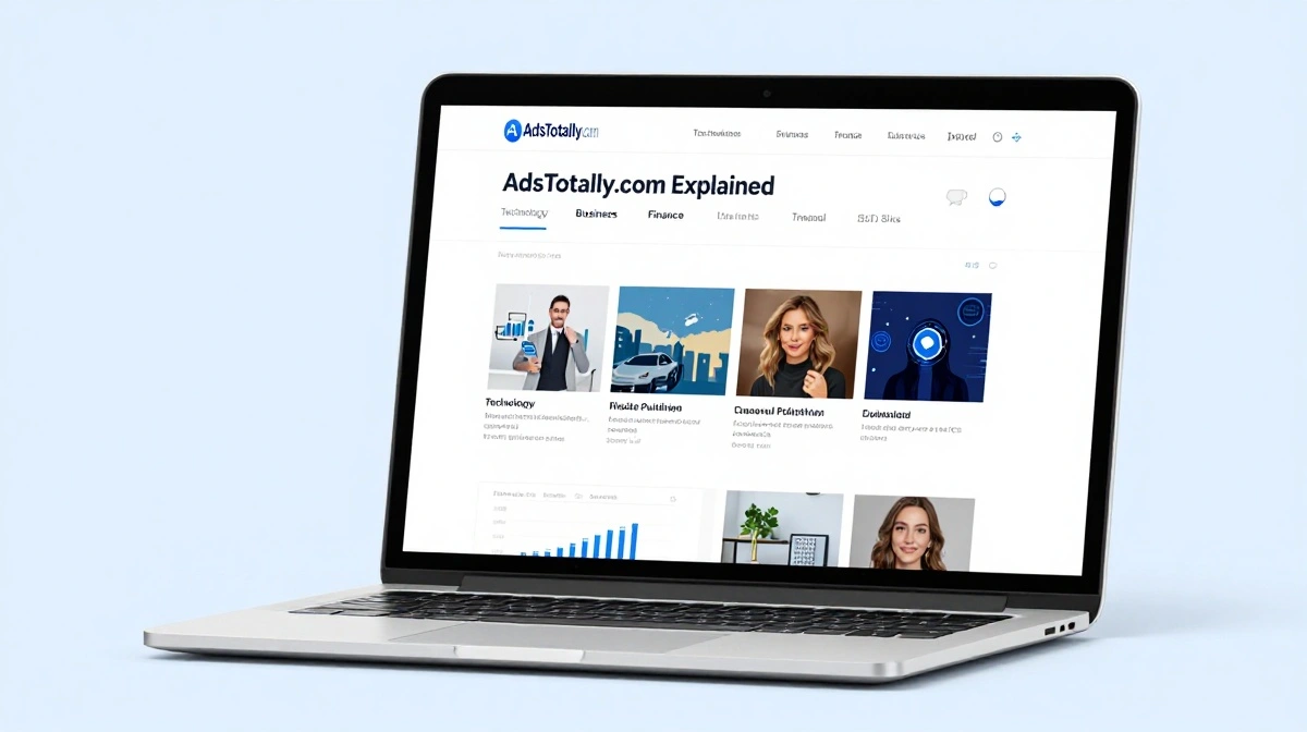 AdsTotally.com website overview showing online publishing, website traffic, SEO, and digital advertising features.